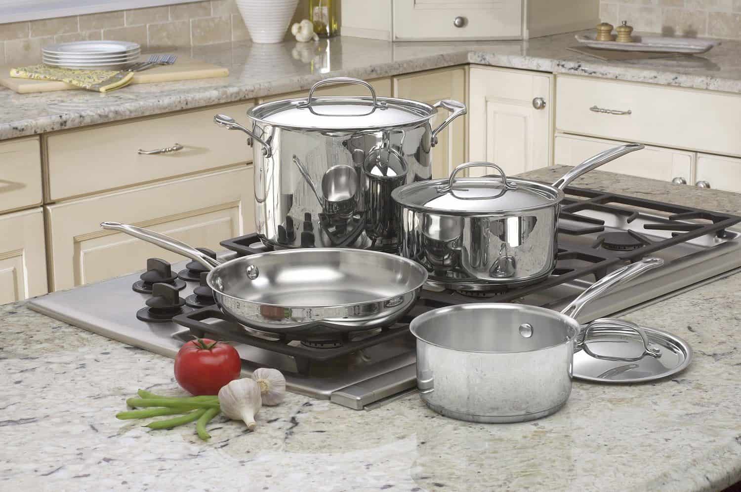 how the cuisinart cookware looks on a gas cooktop in a modern kitchen