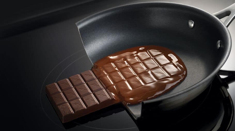 melting chocolate in a pan cut in 1/2 to show how induction works