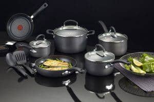 T-Fal non stick cookware on display complete with utensils